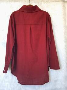 Women's Long-Sleeved Linen Shirt - 酒紅色2 - 查看 2
