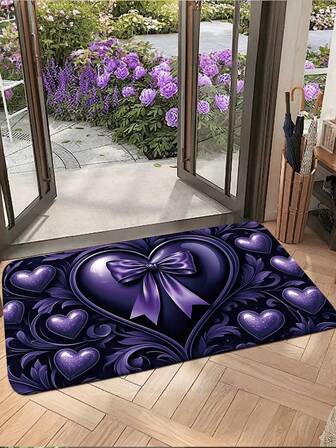 1 pieza Felpudo de entrada con diseño de corazón y lazo morado, alfombra antideslizante para baño