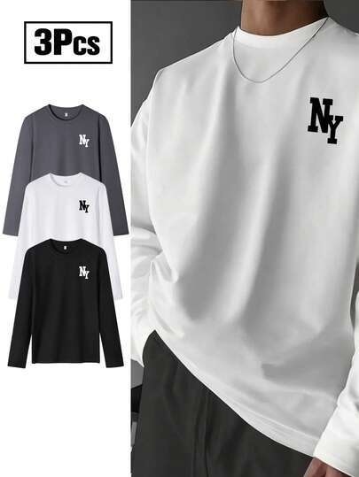 3 piezas Camisetas de manga larga con cuello redondo y estampado del elemento de Nueva York en color albaricoque, para hombre, otoño