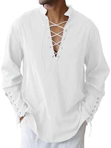 Men's Long Sleeve Medieval Shirt, Drawstring Linen-Like Fabric Viking Costume - White - View 13