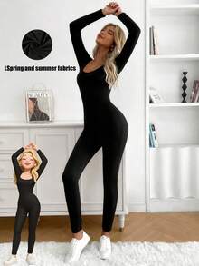 黑色U领长袖连体裤（适合春秋季） - 黑色 - 查看 2