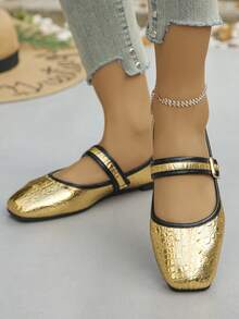 Giày bệt mũi vuông thời trang cỡ lớn 35-43, giày lười có khóa cài thường ngày cho váy, mùa xuân/thu, họa tiết ngẫu nhiên - mẫu cá sấu vàng - Xem 5