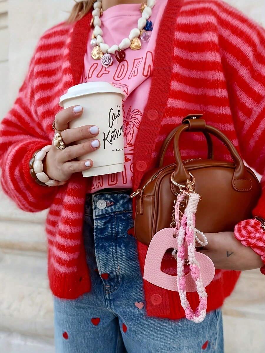 Plus Size Women V-Neck Sweater, Casual Colorblock Striped Lantern Sleeve Drop Shoulder Cardigan, Suitable For Autumn, Winter, Spring Break, Valentine's Day Outfits - Red - View 1