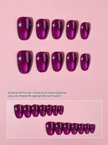 Bộ 24 móng tay giả acrylic hình oval ngắn, bóng, màu tím ánh pha lê kiểu mắt mèo Y2K, thiết kế hình hạnh nhân, vừa vặn hoàn hảo, móng mắt mèo màu tím giúp đầu ngón tay bạn tỏa sáng rạng rỡ, phù hợp cho phụ nữ và bé gái sử dụng hàng ngày đi làm và dự tiệc. - Màu tím - Xem 3