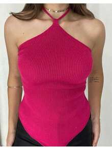 Cropped Ribbed Modal Women's Plain Halter Summer Tie Neck Knit Moura Tricot - Rose Red - View 4