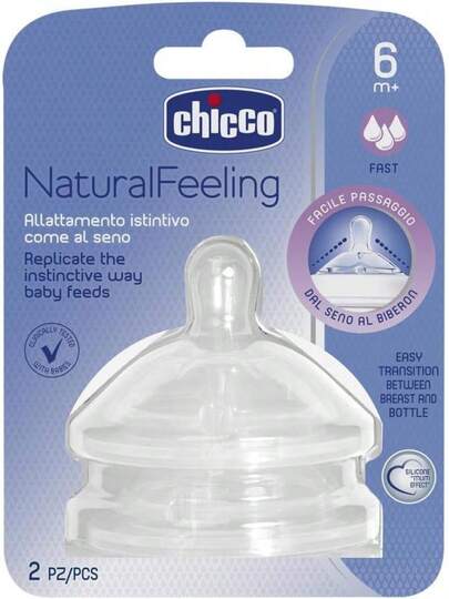 CHICCO, Set de Tetinas para Biberón de Flujo Rápido Natural Feeling, +6 meses