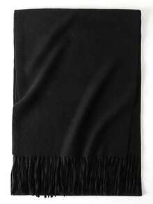 1 件秋冬优质斜纹流苏纯色羊绒围巾，时尚休闲防风保暖披肩，舒适毯式围巾，适合日常穿着 - 黑色 - 查看 5