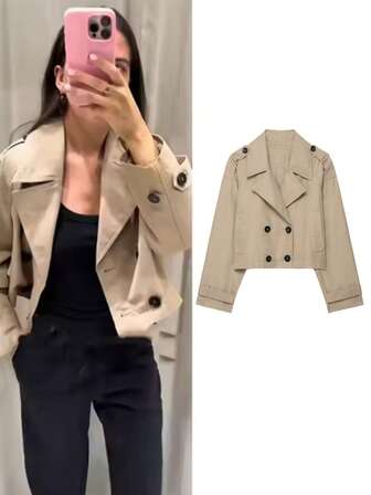 Women's Autumn Spring Fashion Pockets Lapel Double-Breasted Jacket Female Long Sleeve Solid Cropped Women's Trench Coat
