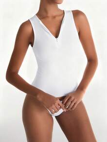 XLLAIS 夏季拉链领无袖基础款白色背心双层弹力紧身运动T恤 - 白色 - 查看 3