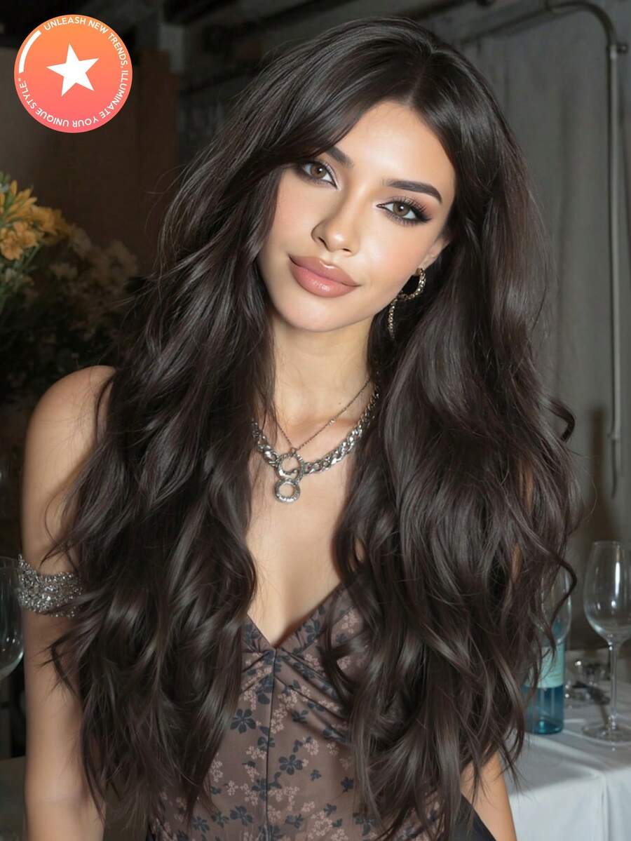 24 Inch Middle Part Long Curly Synthetic Heat Resistant Fiber Wig, Black & Wigs Suitable For Holidays, Parties And Daily Wear - Black Brown - View 1