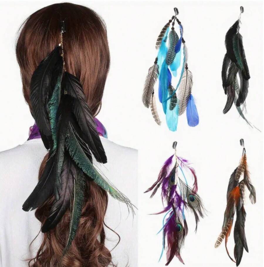 Feather Hairband Hair Clip Hair Chain, Bohemian Colorful Hair Accessories   Feather Clip Peacock Shape Hair Ornament For Women, Suitable For Dates, Weddings, Photoshoots, Daily Styling Accessories - 黑色 - 查看 1