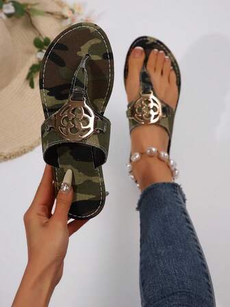 1 Pair Women's Camouflage Open Toe Sandals - Comfortable Breathable Upper Fabric With Soft Synthetic Lining, Non-Slip Rubber Sole