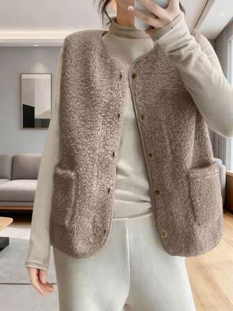 Autumn/Winter Faux Shearling Vest, Retro Style Sleeveless Jacket For Women, Fur Lined Waistcoat