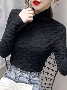Women's Solid Color Turtleneck Jacquard Undershirt, Fashionable Frill Trim Casual Top, Ladies T-Shirt For Spring And Autumn - Black - View 3