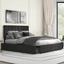 Upholstered Bed With 4 Drawers & Spring Mattress, Double Bed With Slatted Base, Storage Bed, Height-Adjustable Headboard & Square Stitching Design, Metal Slat Support, Linen Material (140*200 Cm, Black) - Black - View 2