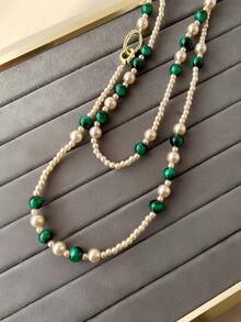 1 pièce Collier de perles de faux œil de tigre. Chaîne de pull d'automne et d'hiver de haute qualité. Accessoire polyvalent et rétro de tempérament pour les filles à offrir à leurs amies en cadeau - Vert - Voir 2