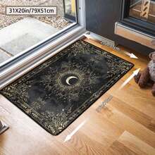 1Pc Large Mystical Moon & Golden Crescent Floral Area Rugs, Celestial Black With Golden Accents,Non-Slip Backing, Lightweight, Durable Polyester, Machine Washable, Easy To Clean, Soft Felt Back, Rug For Living Room, Bedroom Or Office, Sofa, Coffee Table, Kitchen, Bathroom, Balcony, Entrance Carpet, Apartment, Dormitory, Porch, Patio, Farmhouse Decor, Halloween, Fall Decor, Dark Academia Style, Indoor Use, Rugs For Living Room, Low Pile Carpet - 樣式 1 - 查看 8