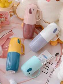 1 pieza Taza portátil y linda para cepillo de dientes, taza para pasta de dientes a prueba de polvo para viajes, caja de almacenamiento para cuidado dental, taza para enjuague - Multicolor - Ver 2