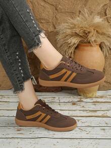 女士多功能时尚休闲鞋，平底系带圆头橡胶底休闲运动鞋，黑卡其色拼接，日常百搭鞋款，尺码36-41，时尚百搭 - 卡其色 - 查看 3