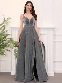 Shiny Long Formal Gown, Sparkling Evening Dress With Slit And Spaghetti Straps, V-Neck Formal Party Prom Dress With Pockets - Grey - View 3