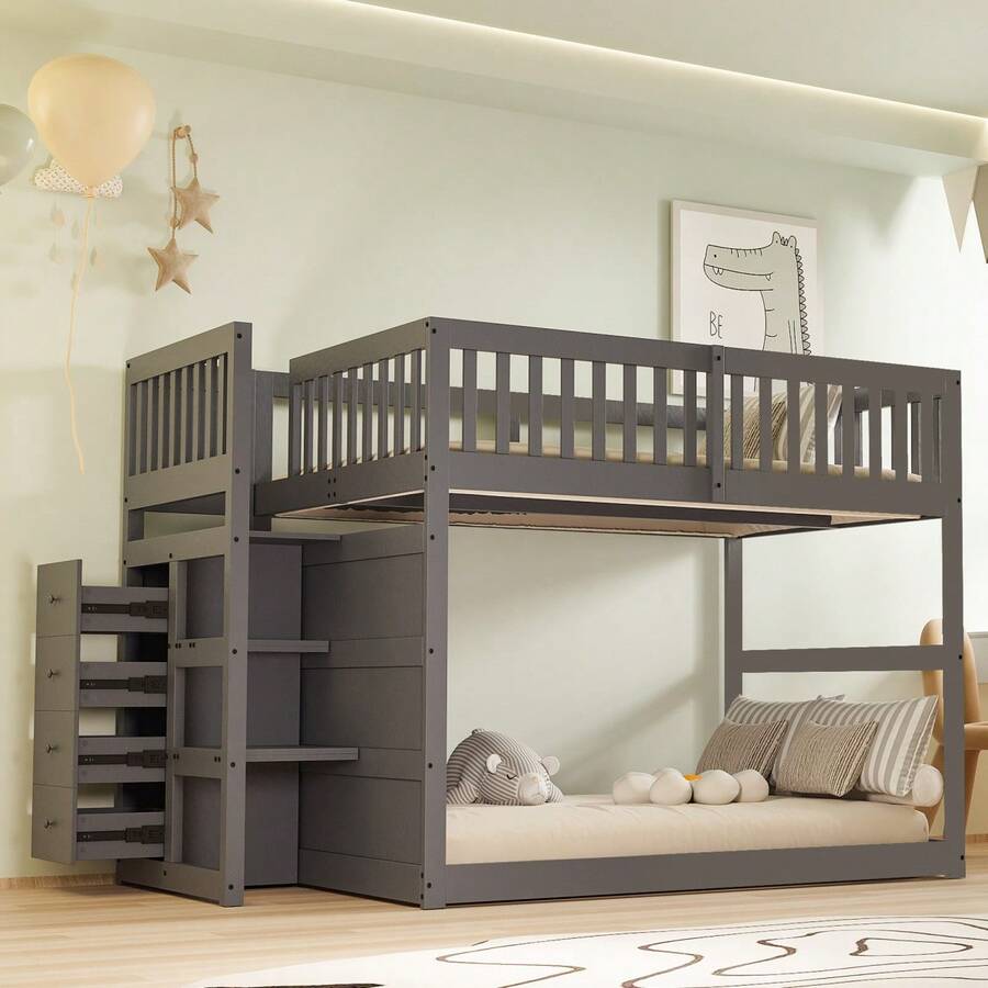 Low Bunk Bed 140 X 200, Bunk Bed With Storage, High Railing Design, Wooden Bed, White - Gray + Wood + 140cm*200cm - View 1