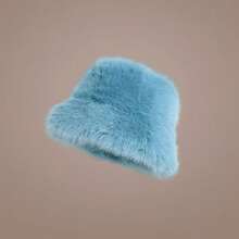1pc Faux Fox Fur Bucket Hat, Faux Mink Fur Thick & Versatile Luxury Gift Cap Cold Weather Outfit Women - Teal Blue - View 3