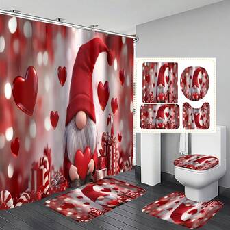 1pc/4pcs Heart-Shaped Gnome Winter Snow Christmas Decor Waterproof Shower Curtain Set, Includes Waterproof Curtain, Non-Slip Mat, Toilet Lid Cover, Bath Mat, 12 Plastic Hooks, Bathroom Wet And Dry Separation Curtain