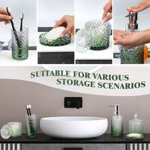 5-Piece Green Gradient Glass Bathroom Accessories Set - Includes Soap/Lotion Dispenser With Matching Dish, Toothbrush Holder, Tumbler & Jar. A Modern Vintage Complete Organizer & Luxury Housewarming Gift - 綠色 - 查看 3