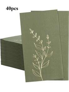 20/40/60张装，13*15.7英寸橄榄绿双层餐巾纸，金色箔纸叶子图案，适用于晚餐、野餐、生日、婚礼派对等场合。
