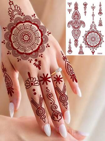 1张斋月红棕色指甲花临时纹身贴纸，适用于女性手部，曼陀罗吊坠项链纹身贴纸，斋月吉祥，伊斯兰教穆斯林开斋节假纹身，手指曼海蒂藤蔓珠宝纹身贴纸