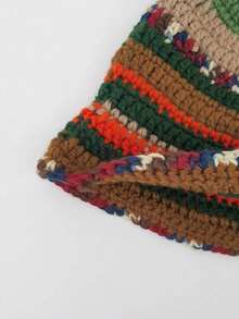 1pc Autumn/Winter Maillard Color Bow Contrast Striped Polka Dot Handmade Crochet Knitted Hat, Thick All Season Versatile Rainbow Striped Knit Bucket Hat For Women, - Coffee Brown - View 8