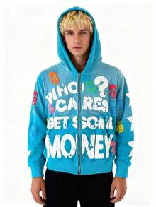 Y2K Zip Up Hoodie With Bold Who Cares Get Some Moneygraphic And Colorful Palm Logo Prints  Streetwearjacket - Màu xanh lam - Xem 4