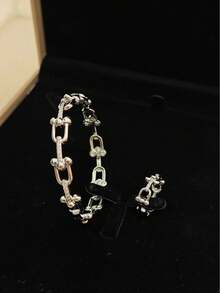 1 Set Stainless Steel Fashion Minimalist Horseshoe Clasp Jewelry Set, Stylish Chic Design For Everyday, Parties & Gatherings - Horseshoe Buckle Bracelet + Ring - View 9