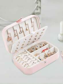 1 pieza Caja de almacenamiento de joyas multifuncional, organizador de joyas con 3 capas y cremallera para aretes, collares, anillos, pulseras, accesorios para el cabello - Caja de joyas portátil con compartimentos - Rosa - Ver 2