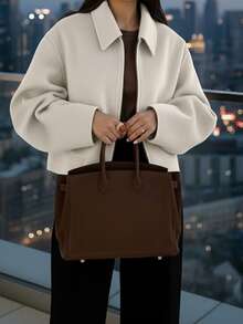 女士时尚简约百搭通勤拉链羊毛大衣 - 米色 - 查看 5