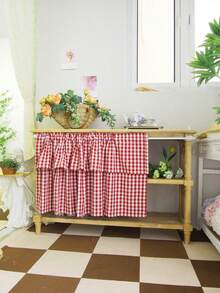 1pc Elegant Plaid Pattern Double-Layer Cafe Curtain - White & Red Plaid Pattern, Double-Layer Design, Suitable For All Seasons, Linen Fabric, Farmhouse Style Short Curtain, Applicable For Living Room, Kitchen, Bathroom Window Decor - Red - View 2