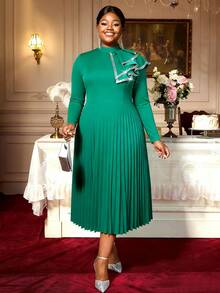 Elegant Plus Size Green A Line Pleated Dress Long Sleeve Stand Collar Midi Length With Asymmetrical Ruffle Sequin Detail Knitted Fabric - màu xanh lá - Xem 3