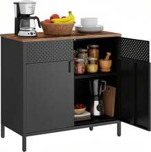 SONGMICS Storage Cabinet, Metal Cabinet With Double Doors, Magnetic Closure, Adjustable Shelf, Steel Frame, Rustic Brown And Black