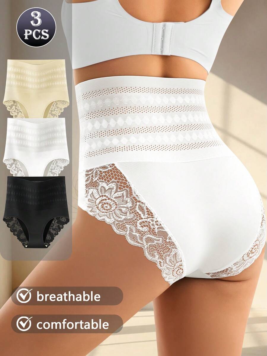 3pcs Women High Waist Lace Patchwork Briefs, Tummy Control & Butt Lifting, Soft & Comfortable, Size S-XXL - Multicolor - View 1
