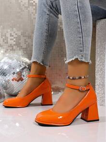 Geeyea Elegant Women's High Heels, Ankle Buckle Design, Multiple Colors To Choose From, Thick Heel Design, Suitable For Dance Parties, Also Suitable For Plus-Size Women, Shiny Leather Shoes, Local Warehouse Women's Products,Shoes For Women,Heels For Women,Local Warehouse Items For Women - trái cam - Xem 2