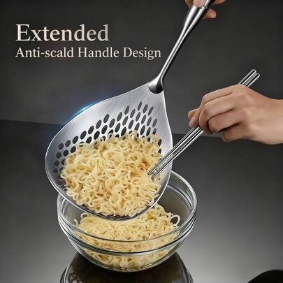 3件/2件/1件不锈钢大汤勺，滤勺，撇渣勺，沥水勺，厨房漏勺，撇渣器，厨房用具，滤网和撇渣器，用于煎炸和火锅厨房过滤，滤勺，烹饪和烘焙沥水配件，餐厅用具，面条滤网，经典实用圆形漏勺，高效沥水、过滤、撇渣多功能厨房工具，适合家庭团聚、新年聚会、浪漫烛光晚餐烹饪场景。