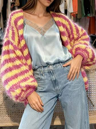 秋季女装彩虹条纹长袖开衫毛衣 - 温暖舒适，手工制作，通用版型，非常适合秋冬季校服可爱上衣女装返校节 Y2k 服装街头时尚老款女士教师服装