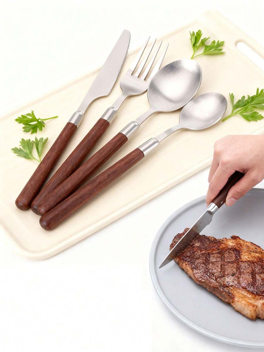 4pcs Stainless Steel Steak Knife, Fork And Spoon Cutlery Set, Faux Walnut Handle, Japanese Style Flatware - Multicolor - View 1