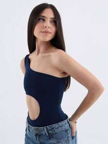 Girls' One-Shoulder Bodysuit With A Cutout At The Stomach, Made Of Premium  Polyester Fabric. - 藏蓝色 - 查看 1