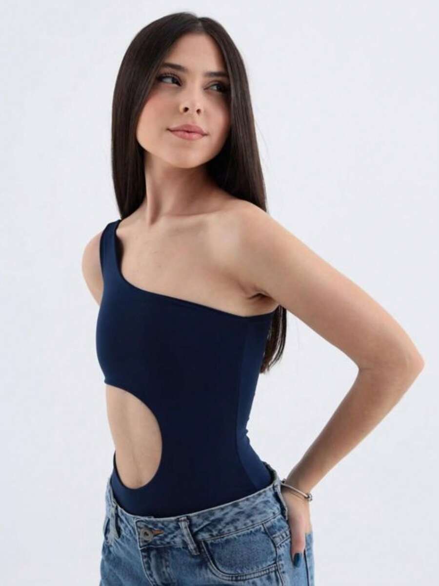 Girls' One-Shoulder Bodysuit With A Cutout At The Stomach, Made Of Premium  Polyester Fabric. - 藏蓝色 - 查看 1