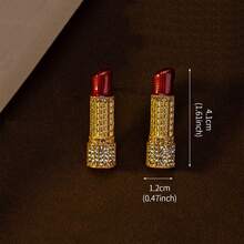 一对时尚优雅奢华的独特口红造型镀金耳环，适合女性日常佩戴、节日装扮、度假穿着、送给女朋友的礼物、珠宝配饰 - 金色 - 查看 3