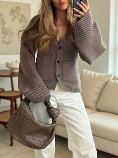 Elegant, avslappnad, daglig kofta med lång ärm, stickad tröja, lämplig för dejter och pendling