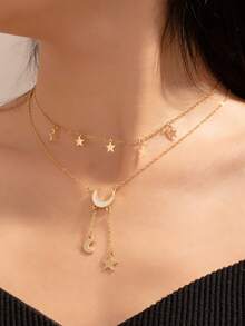 1pc Versatile Double-Layer Tassel Star & Moon Necklace, Lightweight & Luxurious, Fashionable & Unique, Niche Design, Choker Necklace - Double-layered Star and Moon Tassel Necklace - View 6