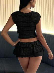 Spring & Summer Knit Lace Jacquard Ruched Round Neck Blouse And Mini Skirt 2pcs Set - Black - View 9