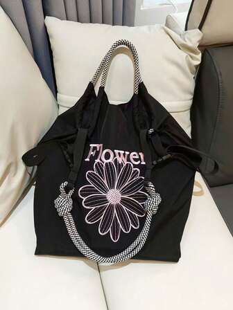 New Fashion Simple College Style Japanese Casual Floral Pattern Nylon Embroidered Large Capacity Tote Bag, Shoulder Handbag For Daily Commute